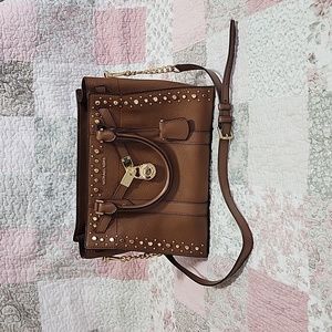 Michael Kors Nouveau Hamilton Studded Leather Satchel Bag in Luggage